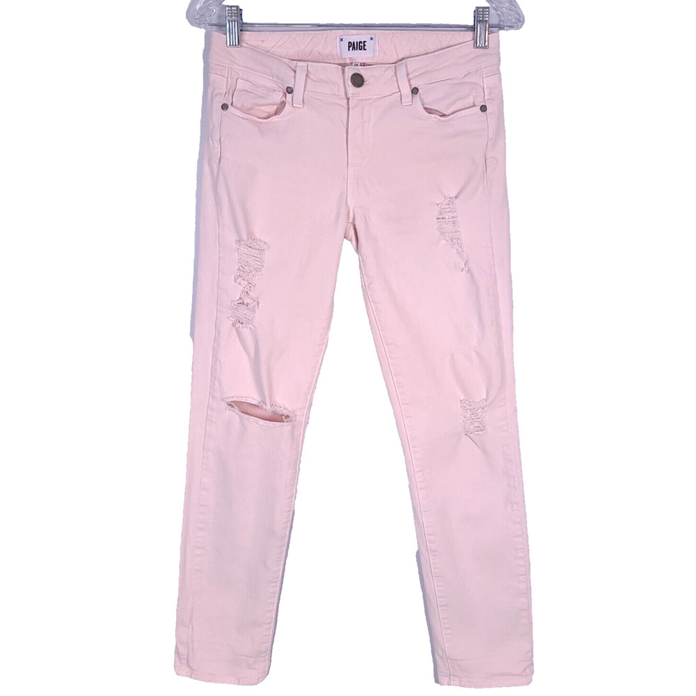 PAIGE Skyline Ankle Peg Destroyed Distressed Denim Jeans Light Pink Blossom 28